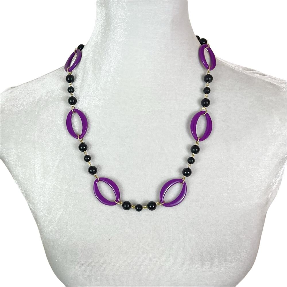Handmade Purple and Black Beaded Gold Tone Necklace Hand Crafted Artisan